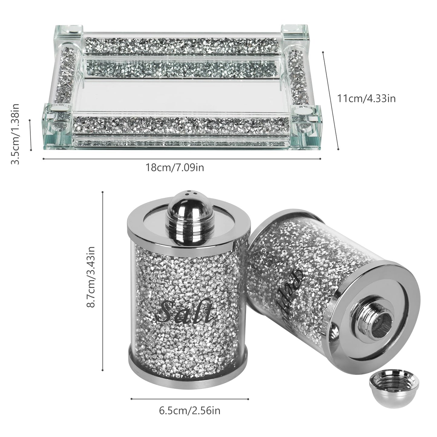 Crystal Salt and Pepper Shakers Set with Tray,Sparkly Crystal Crushed Diamond House Decor for Kitchen,Bling Salt Pepper Jar Container Pot for Countertop,saleros para cocina elegantes,Silver