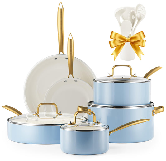 Kitchen Cookware Set - Voniki 16-Piece Ceramic Pots and Pans Set Non-Stick, Nonstick Cookware Sets with Cooking Utensils Set, Non-Toxic Cookware Set Cooking Pan Set for Cooking Pot Gift
