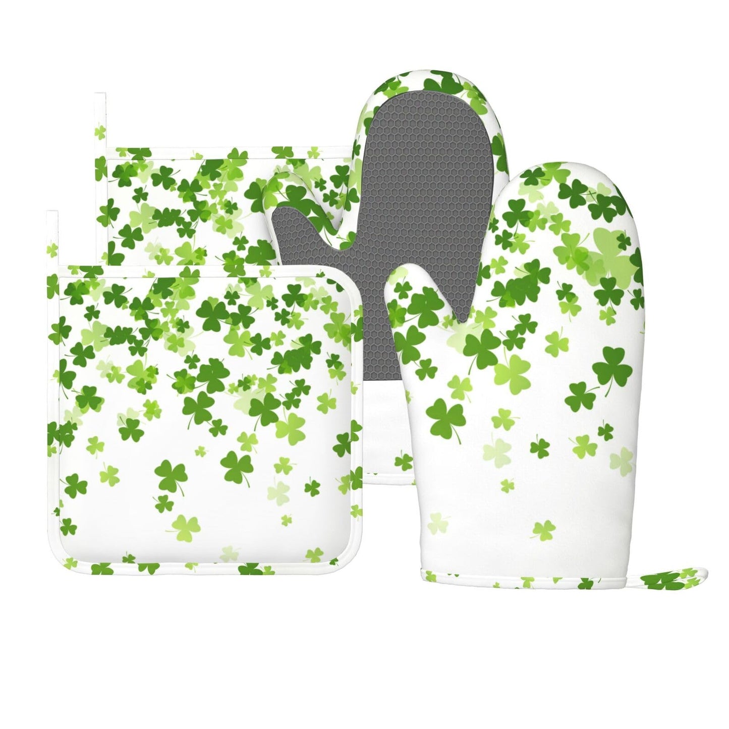 Oven Mitts and Pot Holders St. Patrick's Day Shamrock Clover Silicone Kitchen Accessories Set of 4 Heat Resistant Long Gloves Potholder Non-Slip Grip for Chef Cooking Baking Grilling BBQ