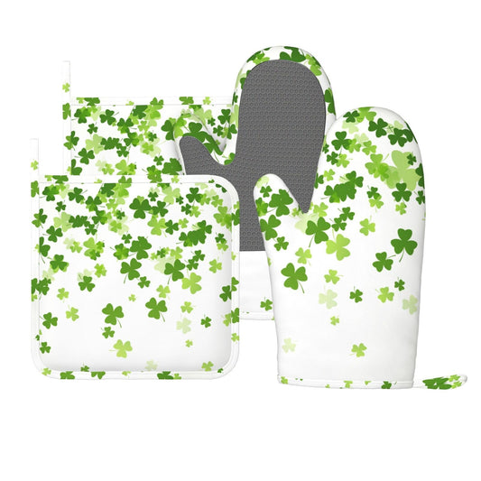 Oven Mitts and Pot Holders St. Patrick's Day Shamrock Clover Silicone Kitchen Accessories Set of 4 Heat Resistant Long Gloves Potholder Non-Slip Grip for Chef Cooking Baking Grilling BBQ