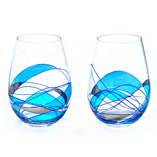 Handblown Antoni Barcelona Stemless Wine Glasses Set of 2 (21 Oz.) - Handblown & Handmade, Painted Blue Wine Glass, Gifts for Women, Birthdays, Anniversaries, and Weddings - 2 Unit (Set 2)