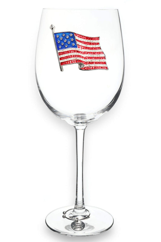 American Flag Jeweled Stemmed Wine Glass, 21 oz. - Unique Gift for Women, Cute, Fun, Fourth of July, Not Painted, Decorated, Bling, Bedazzled, Rhinestone