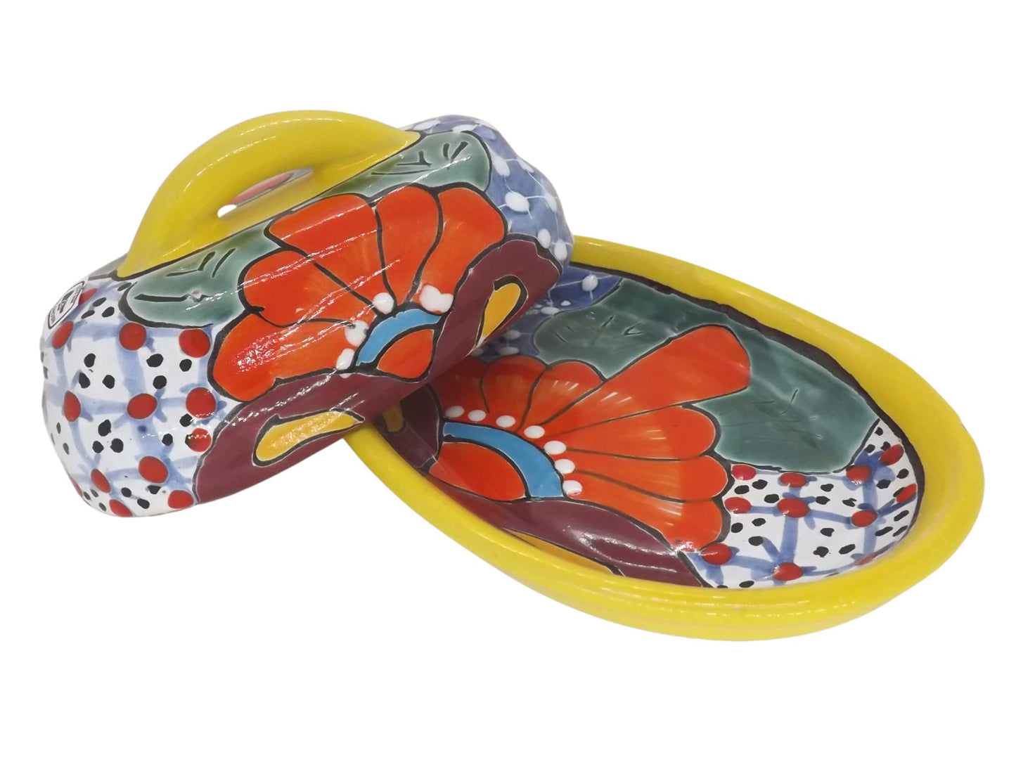 MEXTEQUIL - Butter Dish Ceramic Talavera with Lid Hand Painted Authentic Mexican Pottery Kitchen Floral Design (Yellow)