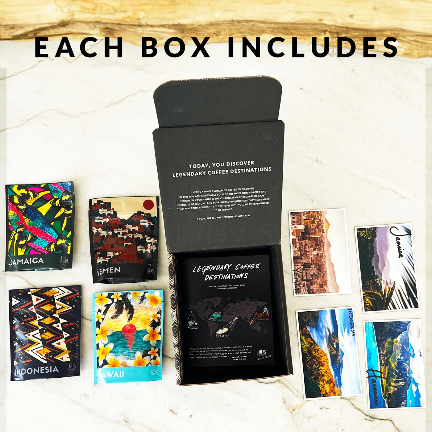Atlas Coffee Club Rare Coffee Sampler, Gift Set for Him and Her, 4-Pack Variety Box of the World’s Most Unique Gourmet Single Origin Coffees Including Jamaica Blue Mountain, Freshly Ground
