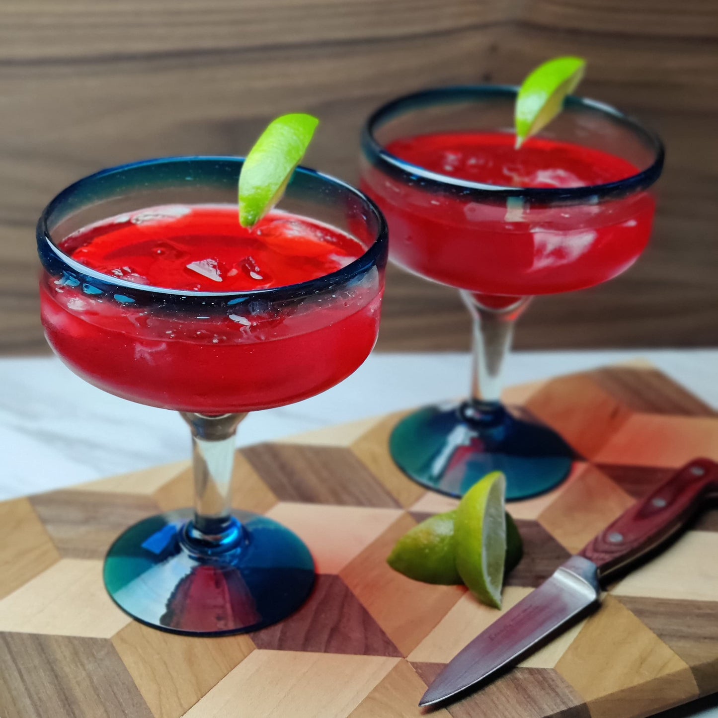 Mexican Hand-Blown Glass – Set of 4 Hand Blown Margarita Glasses (16 oz.) with Aqua Blue Rims