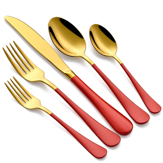 Red and Gold 20-Piece Silverware Set 18/0 Stainless Steel Flatware Red Handle Cutlery Set Service for 4 Dinner Knives Forks Spoons Set Mirror Finish Dishwasher Safe