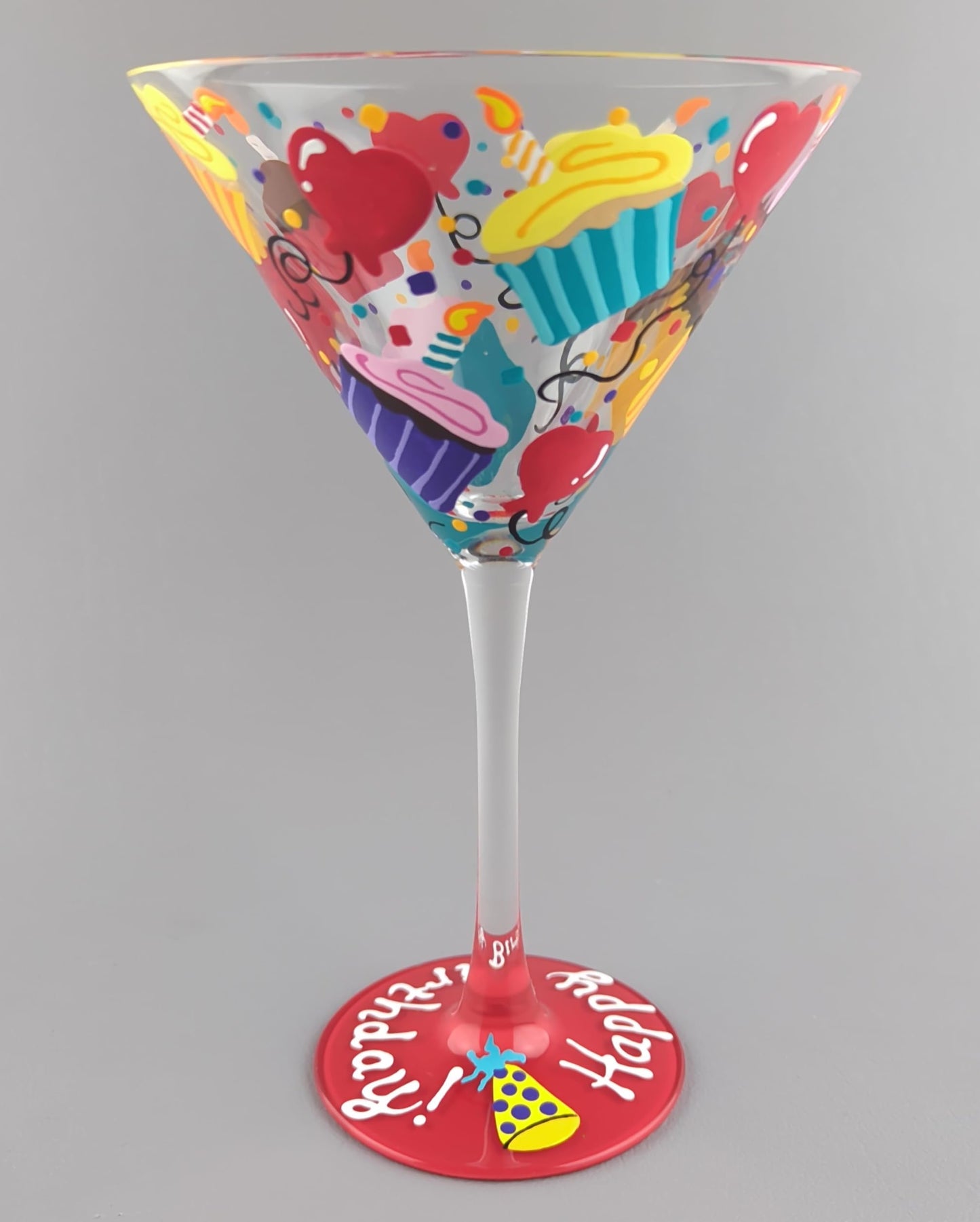 Handpainted Happy Birthday Martini Glass - Hand Painted - Cupcakes, Confetti and Heart Shaped Balloons - Colorful and Cheerful