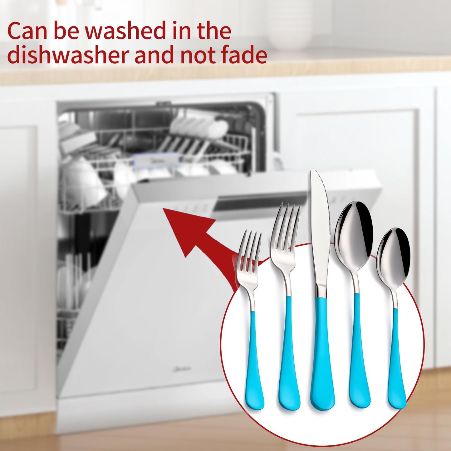 Bright Turquoise 20-Piece  Silverware Set 18/0 Stainless Steel Flatware Blue Handle Cutlery Set Service for 4 Dinner Knives Forks Spoons Set Mirror Finish Dishwasher Safe