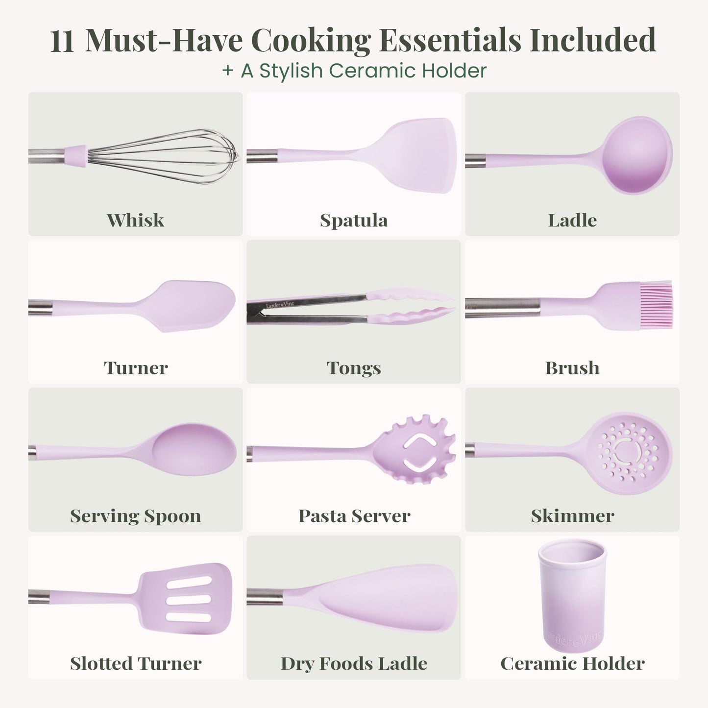 Lavender 12-Piece Silicone Cooking Utensils Set | Silicone Utensils with Stainless Steel Handle and Ceramic Holder | Kitchen Utensils Set | Dishwasher Safe Set of Kitchen Essentials | Lavender