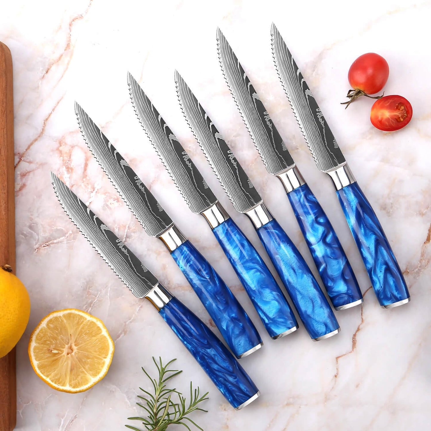 SENKEN 16-Piece Kitchen Knife Block Set - Japanese Chef's Knife Set with Laser Damascus Pattern, Includes 6 Steak Knives and Smoothly-Finished Acacia Hardwood Knife Block (Blue Resin Handles)