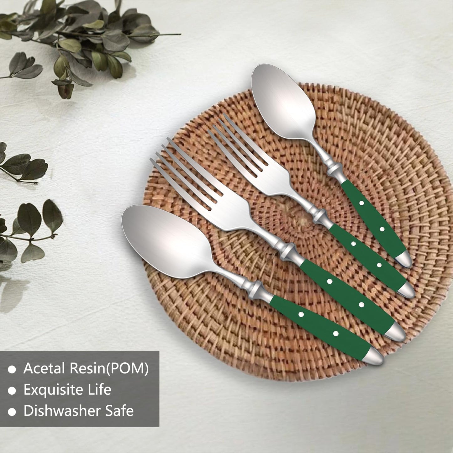 18/10 Brushed 20-Piece Silverware Set, Stainless Steel Flatware Set with POM Green Handle, Dishwasher Safe, Service for 4, Everyday Utensils Set for Home Restaurant