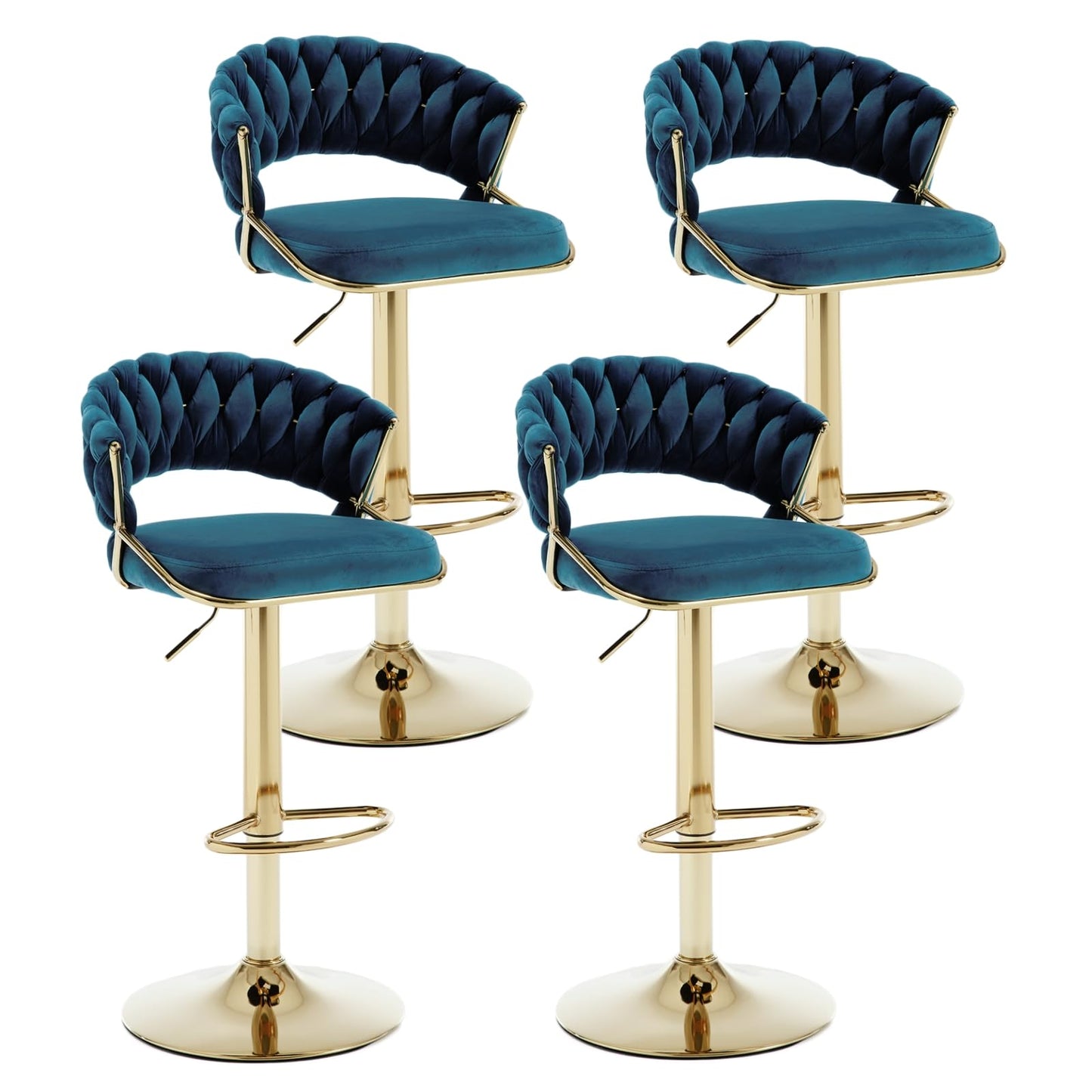 Modern Teal Green Velvet and Gold Swivel Bar Stools (Set of 4)
