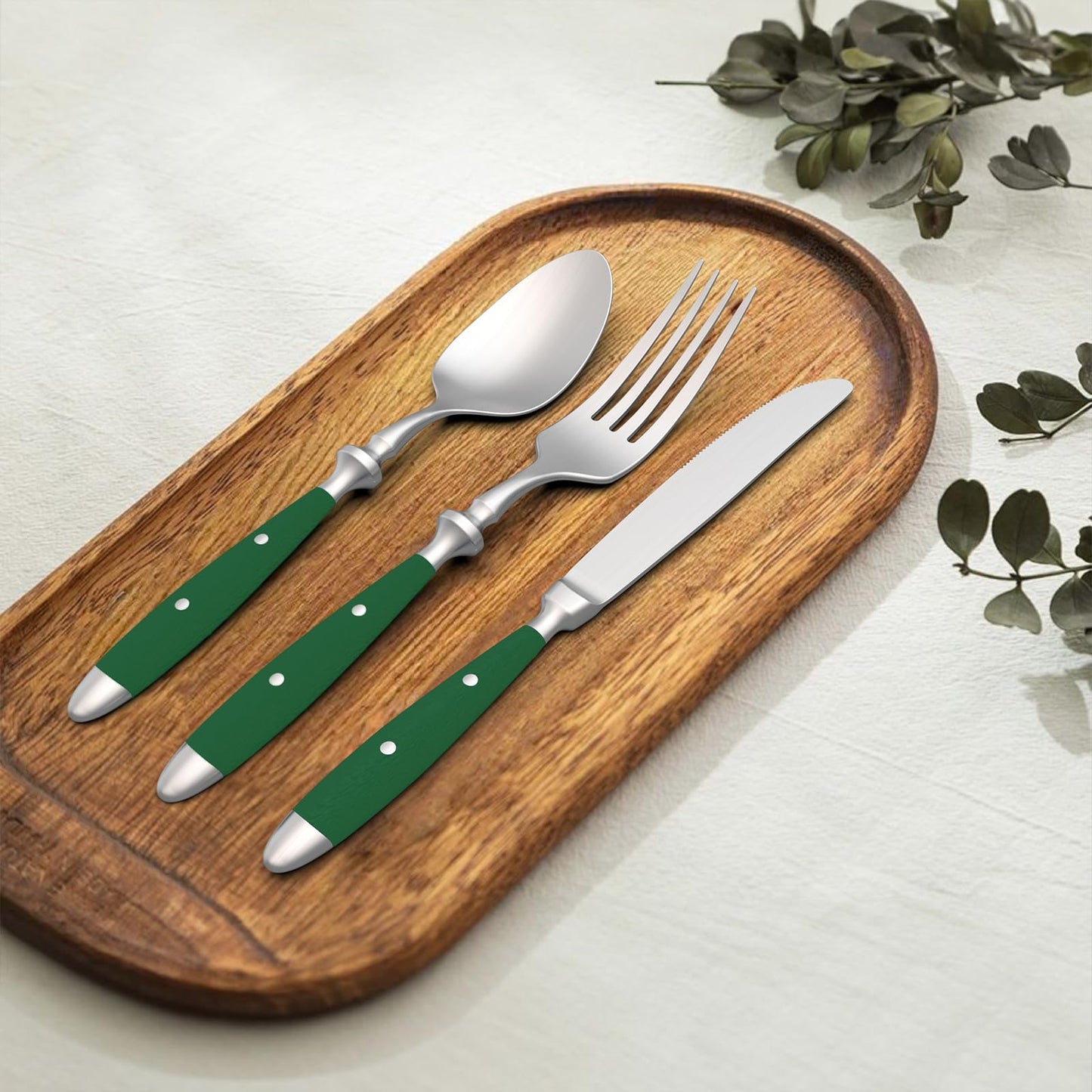 18/10 Brushed 20-Piece Silverware Set, Stainless Steel Flatware Set with POM Green Handle, Dishwasher Safe, Service for 4, Everyday Utensils Set for Home Restaurant
