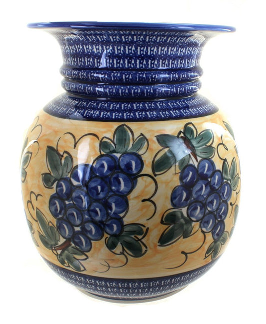 Blue Rose Polish Pottery Grapes Floor Vase with Cobalt Trim