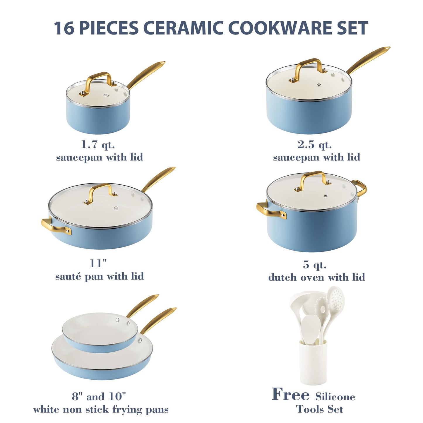 Kitchen Cookware Set - Voniki 16-Piece Ceramic Pots and Pans Set Non-Stick, Nonstick Cookware Sets with Cooking Utensils Set, Non-Toxic Cookware Set Cooking Pan Set for Cooking Pot Gift