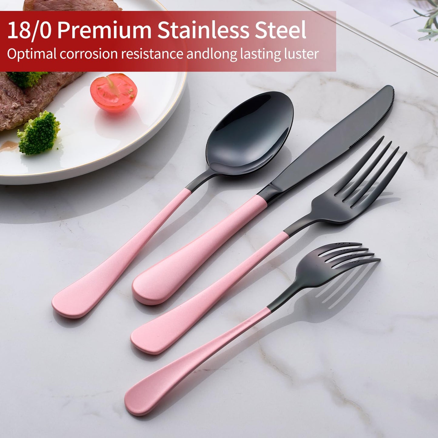 Black and Pink 20-Piece Silverware Set 18/0 Stainless Steel Flatware Warm Pink Handle Cutlery Set Service for 4 Dinner Knives Forks Spoons Set Mirror Finish Dishwasher Safe