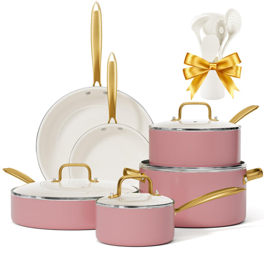 Ceramic Pots and Pans Set - Voniki Non-Toxic Cookware Set with Cooking Utensils Set, Kitchen Cookware Sets Dutch Oven Pot Saucepan Set Sauté Pan Frying Pan Set for Cooking Pot Gold Kitchenware Gift