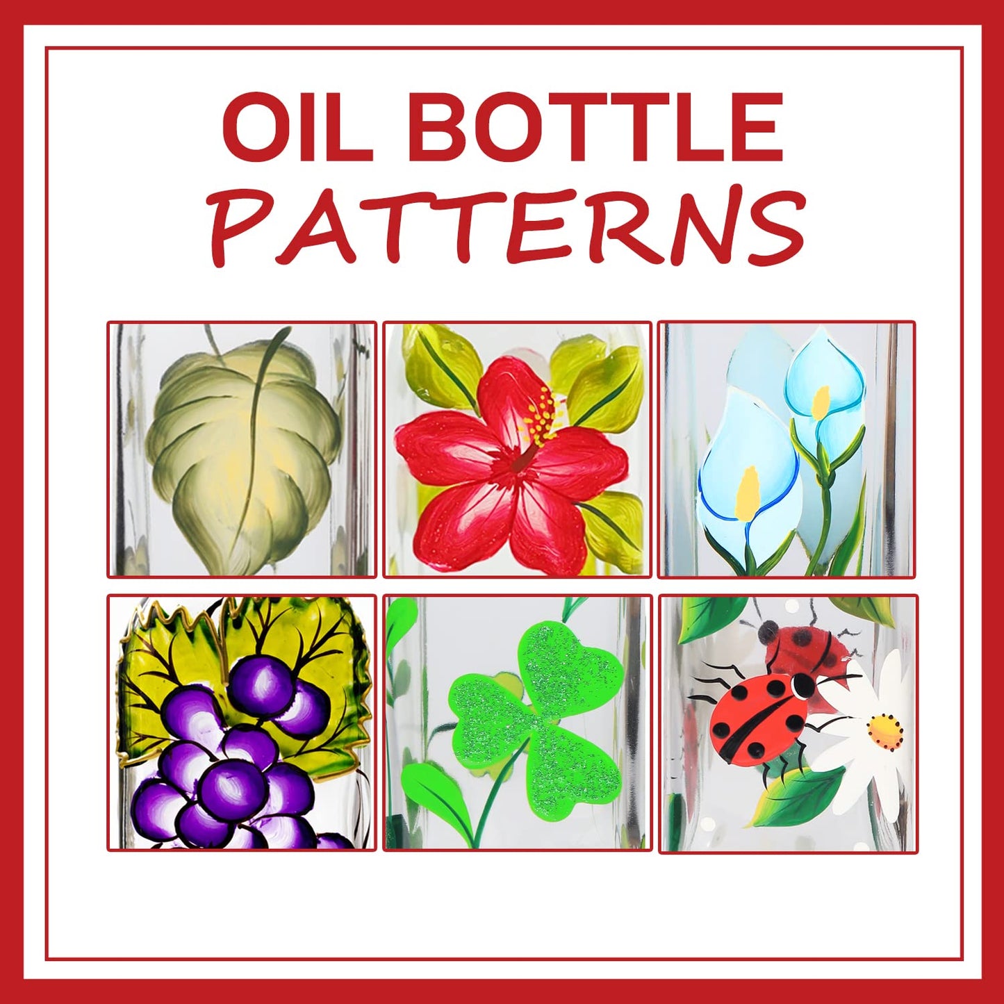 YIYUKODO 17oz Hand Painted Glass Olive Oil Bottle - 500ml Green Oil & Vinegar Cruet with Pourers - Olive Oil Carafe Decanter for Kitchen (Red flowers)