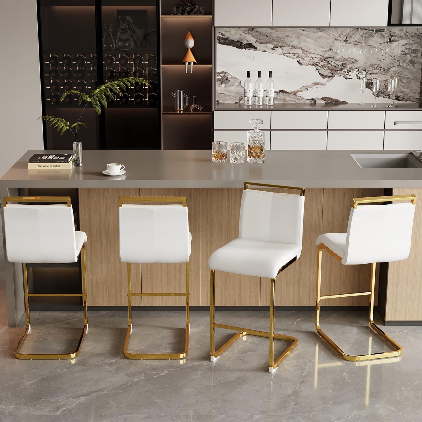Glam Contemporary White Faux Leather and Gold Metal Bar Stools (Set of 4)