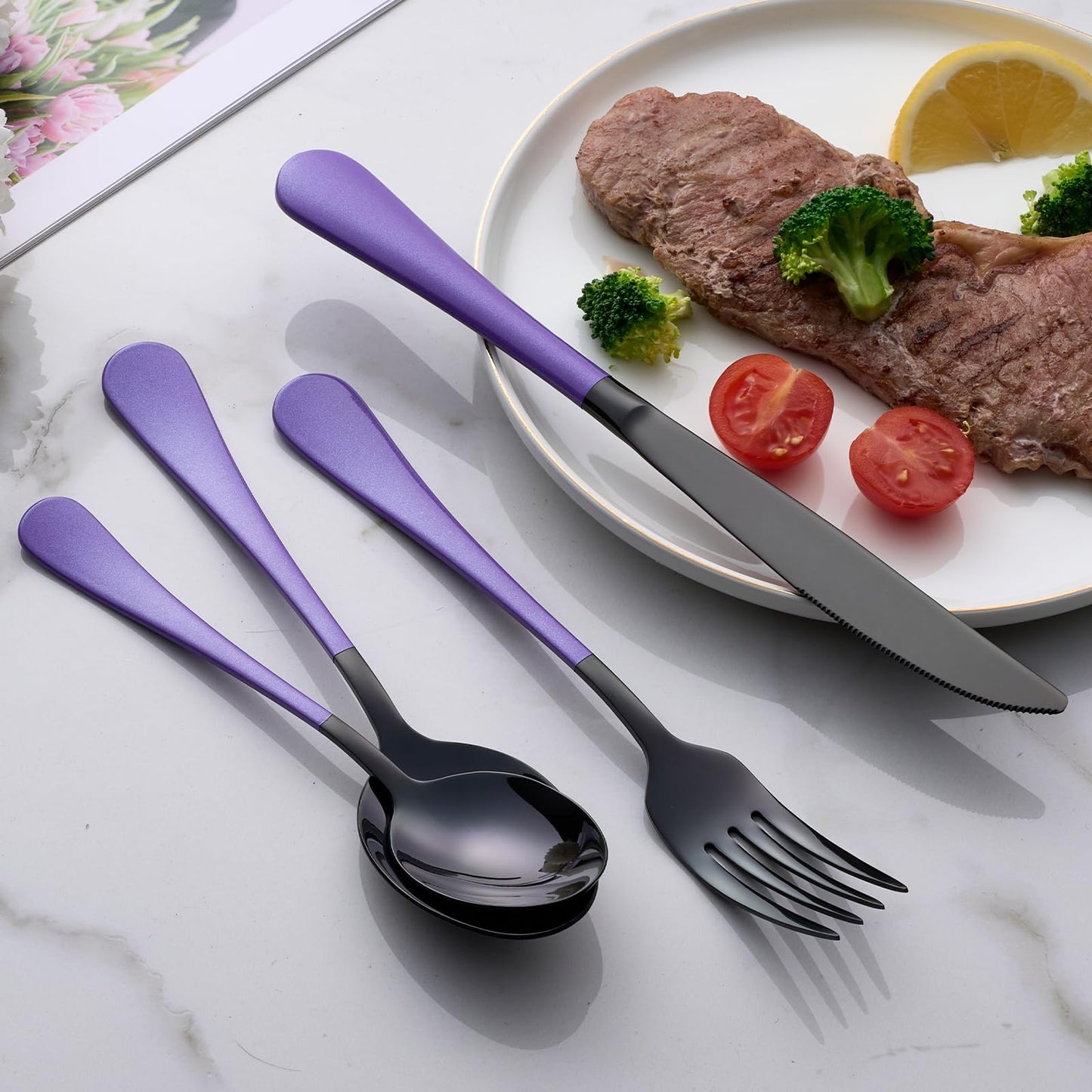 Black and Purple 20-Piece Silverware Set 18/0 Stainless Steel Flatware Purple Handle Cutlery Set Service for 4 Dinner Knives Forks Spoons Set Mirror Finish Dishwasher Safe