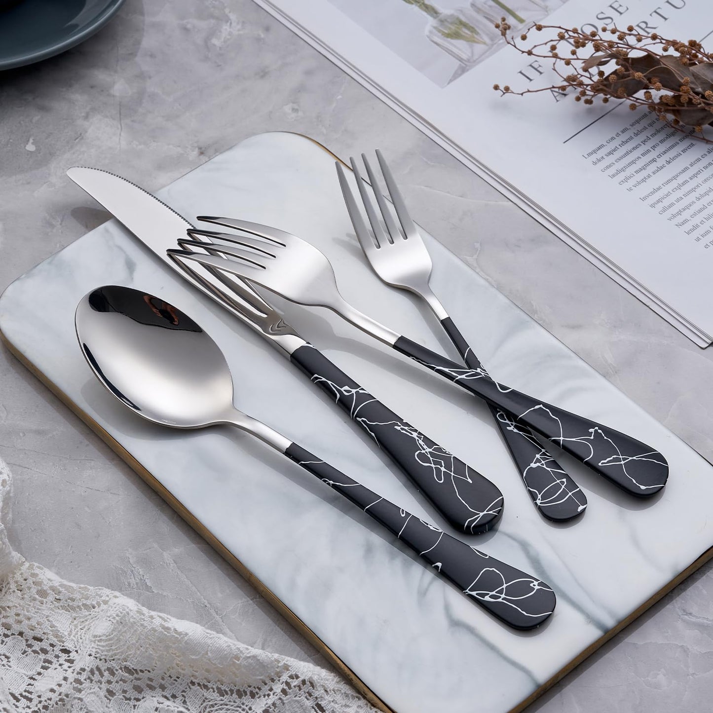 Black Cracks 20-Piece  Silverware Set 18/0 Stainless Steel Silverware Set Cutlery Black Set Service for 4 Dinner Knives Forks Spoons Set Flatware Set Finish Dishwasher Safe