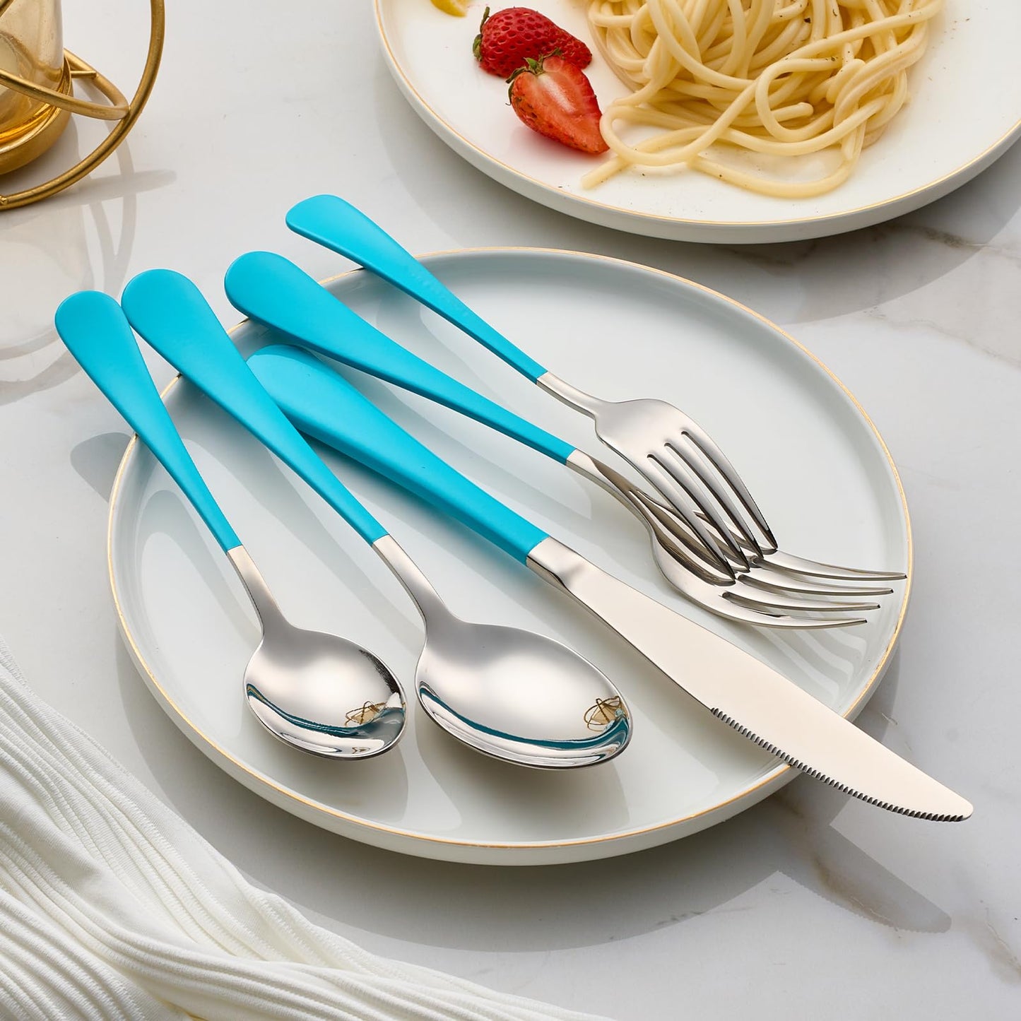 Bright Turquoise 20-Piece  Silverware Set 18/0 Stainless Steel Flatware Blue Handle Cutlery Set Service for 4 Dinner Knives Forks Spoons Set Mirror Finish Dishwasher Safe