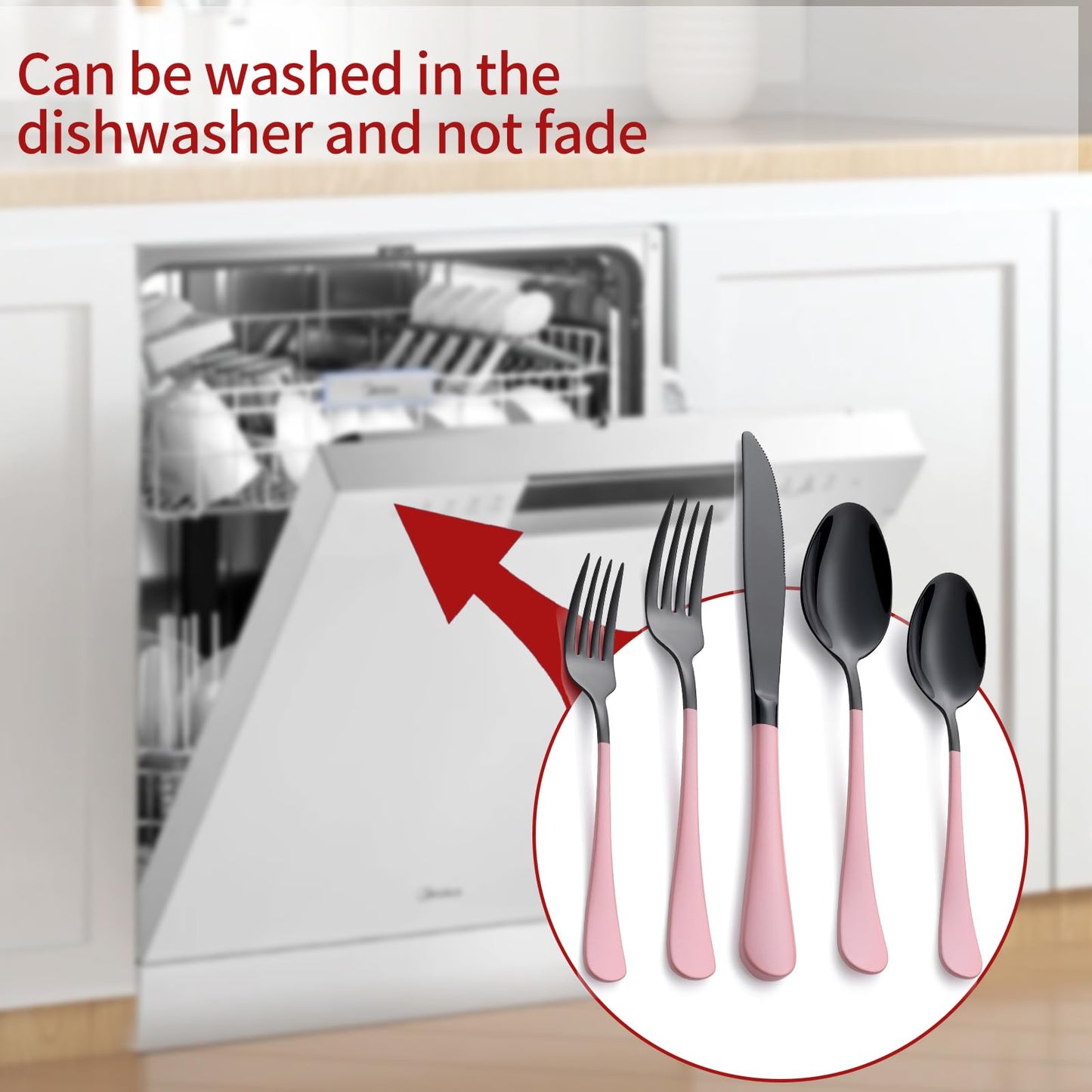 Black and Pink 20-Piece Silverware Set 18/0 Stainless Steel Flatware Warm Pink Handle Cutlery Set Service for 4 Dinner Knives Forks Spoons Set Mirror Finish Dishwasher Safe