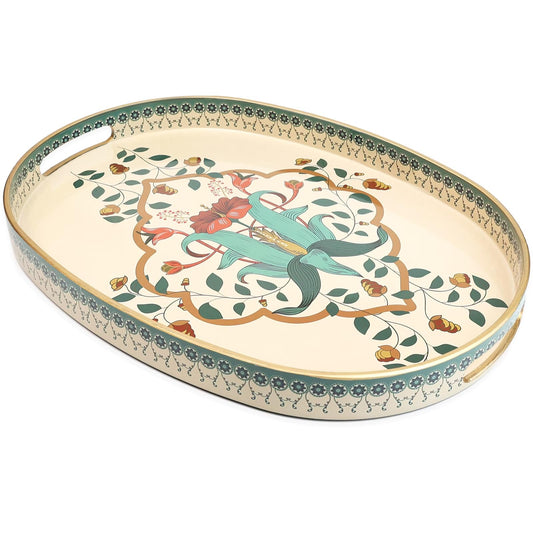 Omuriko Oval Plastic Serving Tray with Handles, Elegant Decorative Tray for Coffee Table, Ottoman, Living Room, Kitchen, Outdoor Use