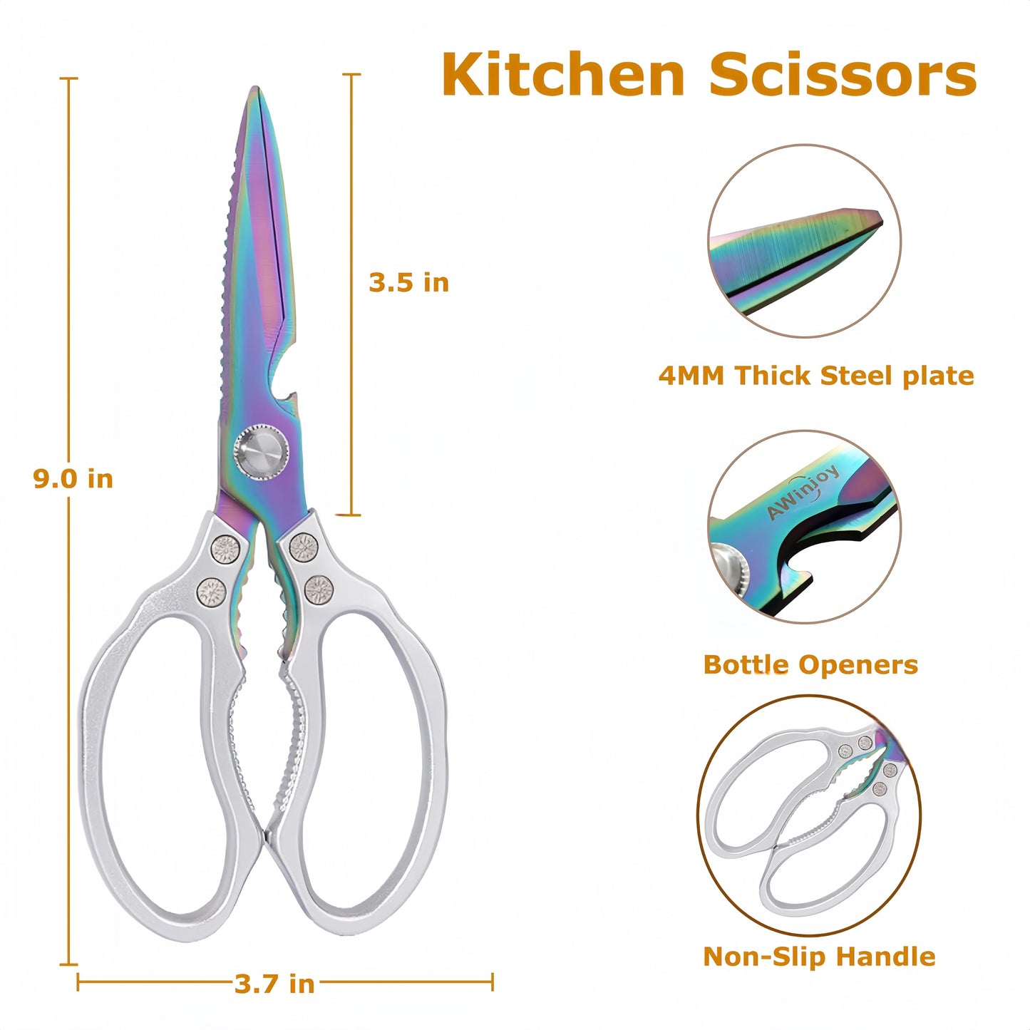 Sharp, Heavy Duty Kitchen Shears Dishwasher Safe, Kitchen Accessories Cooking Shears for Kitchen Meat Chicken Fish Poultry Herb Bread (Silver Handle, Iridescent Blade)