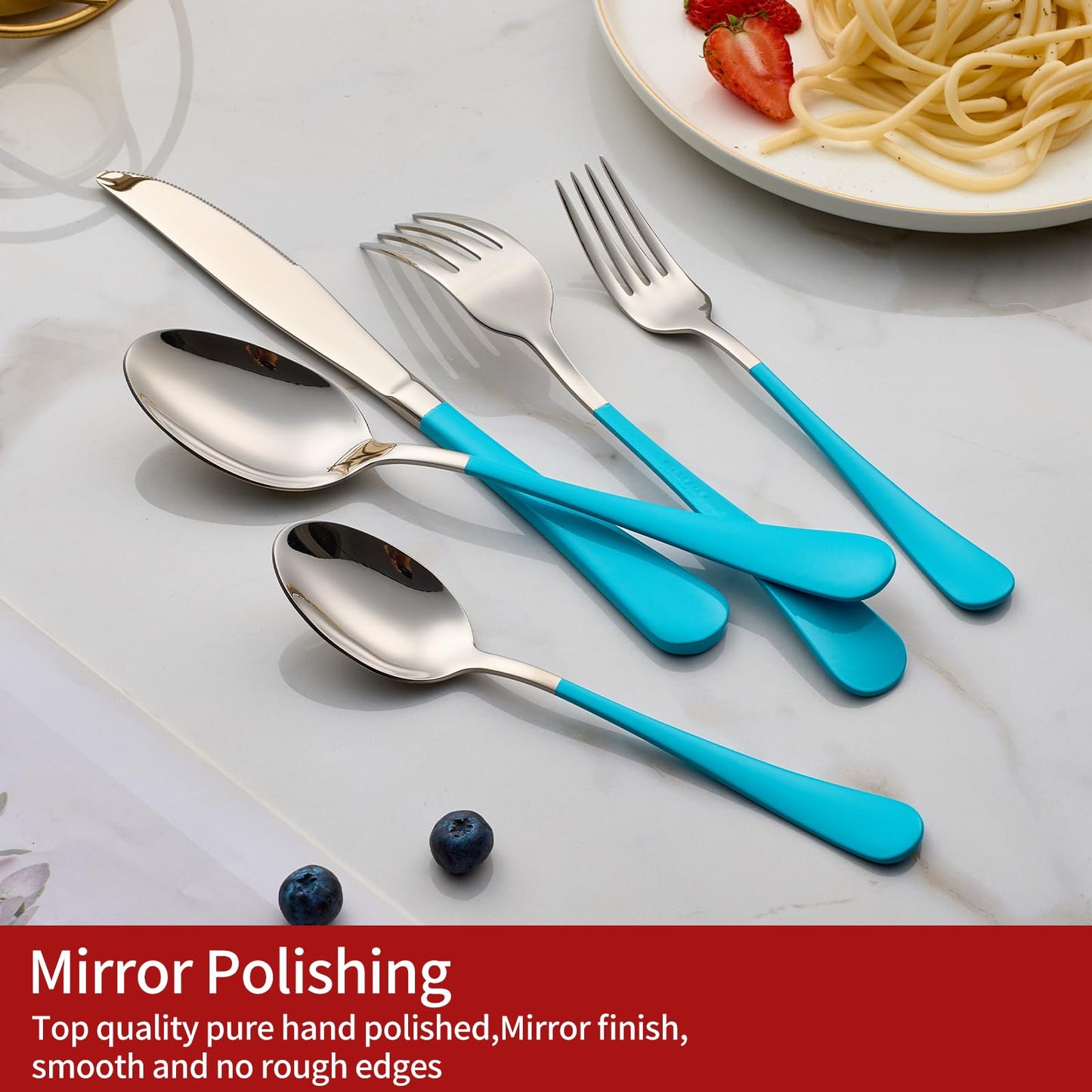 Bright Turquoise 20-Piece  Silverware Set 18/0 Stainless Steel Flatware Blue Handle Cutlery Set Service for 4 Dinner Knives Forks Spoons Set Mirror Finish Dishwasher Safe