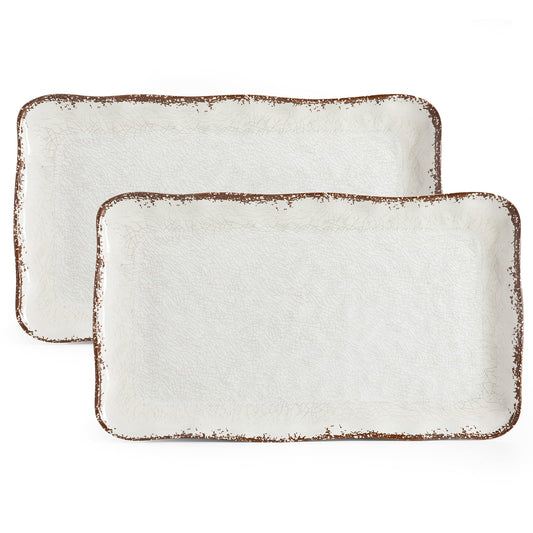 White Rustic Large Farmhouse Serving Platters, 2 Piece Melamine Dinnerware Set, 17.5 x 10 Inches Vintage Serving Tray, Rectangle White Rustic Trays Set of 2