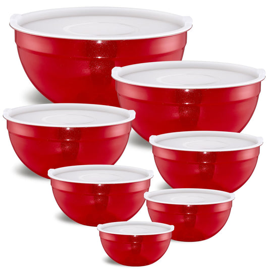 Moxinox Red Mixing Bowls with Airtight Lids, Stainless Steel Nesting Mixing Bowls Set of 7, Ideal for Baking, Prepping and Serving Food, Size 7, 3.6, 2.7, 2.1, 1.5, 1.1,0.8 QT, Stackable Design