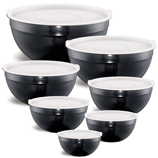 Moxinox Black Mixing Bowls with Airtight Lids, Stainless Steel Nesting Mixing Bowls Set of 7, Ideal for Baking, Prepping and Serving Food, Size 7, 3.6, 2.7, 2.1, 1.5, 1.1,0.8 QT, Stackable Design