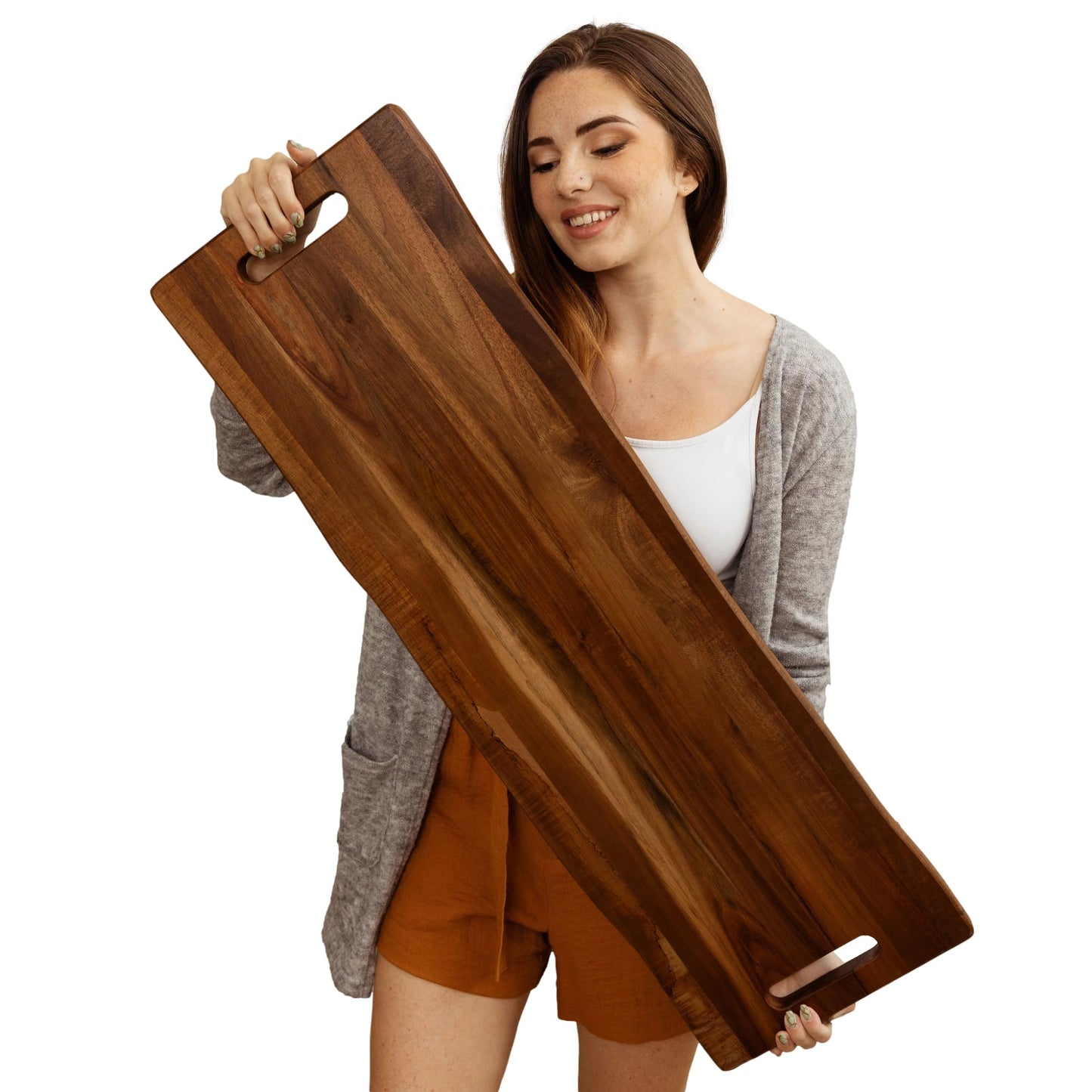 Large Acacia Serving Board with Handles, 36 x 12 Inch Rectangular Charcuterie Platter, Natural Wood Server for Meat, Cheese Board, and Party Appetizers, Extra Long 3ft