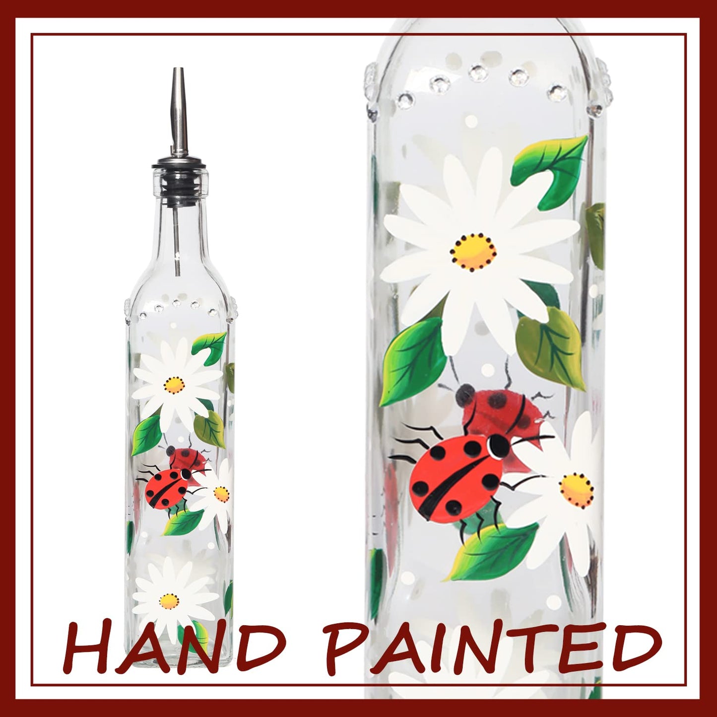 YIYUKODO 17oz Hand Painted Glass Olive Oil Bottle Dispenser- 500ml Green Oil & Vinegar Cruet with Pourers - Olive Oil Carafe Decanter for Kitchen (olive)