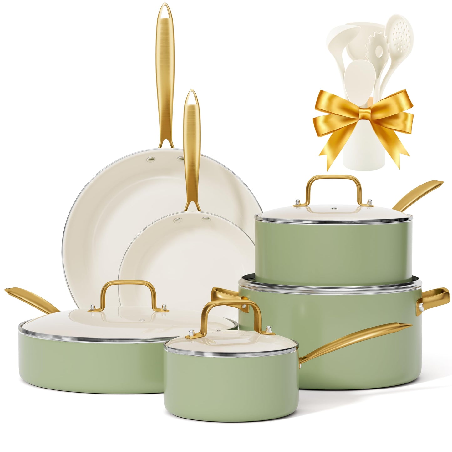 Pots and Pans Set Non Stick - Voniki Ceramic Cookware Set with Cooking Utensils Set, Non Toxic Kitchen Cookware Sets Dutch Oven Pot with Lid Saucepan Set Sauté Pan Frying Pan Set for Cooking Gifts