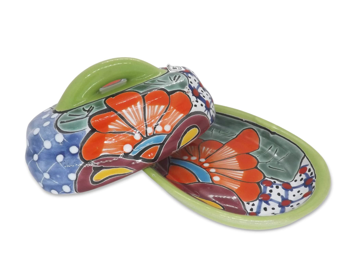 MEXTEQUIL - Butter Dish Ceramic Talavera with Lid Hand Painted Authentic Mexican Pottery Kitchen Floral Design (Green)