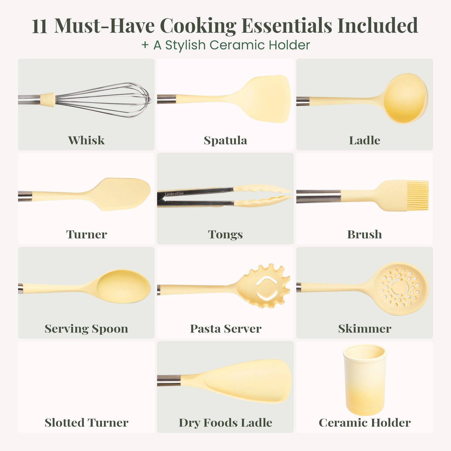 Limoncello 12-Piece Silicone Cooking Utensils Set | Silicone Utensils with Stainless Steel Handle and Ceramic Holder | Kitchen Utensils Set | Dishwasher Safe Set of Kitchen Essentials | Limoncello
