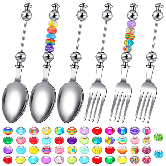 6-Piece Beadable Spoon Fork Set with 50 Assorted Large Hole Beads Stainless Steel Spoons and Forks, 3 Cute Spoons 3 Dinner Forks Bead Dessert Spoon for Party Favors DIY Project Bead Project