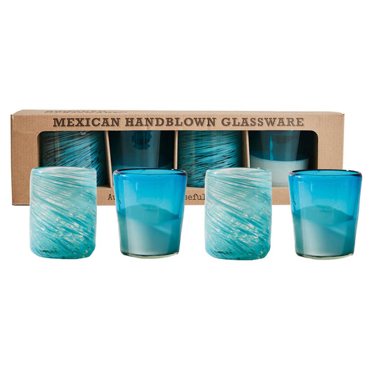 Verve CULTURE Hand Blown Drinking Glasses Set of 4 Aqua Water Glasses | Authentic Mexican Glassware | 13 oz Capacity