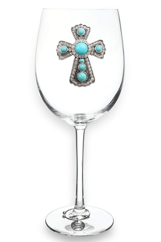 Turquoise Cross Jeweled Stemmed Wine Glass, 21 oz. - Unique Gift for Women, Birthday, Cute, Fun, Not Painted, Decorated, Bling, Bedazzled, Rhinestone