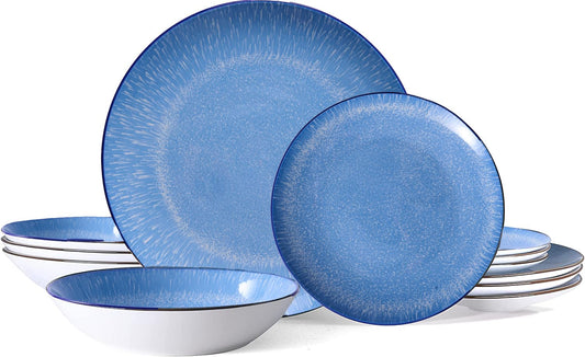 Bestone Plates and Bowls Sets,12 Pieces Round Porcelain Dinnerware Sets,Dishes, Plates, Dishware Sets,Chip Resistant Ceramic Dish Set Dining Dinner Ware Service for 4,New Blue