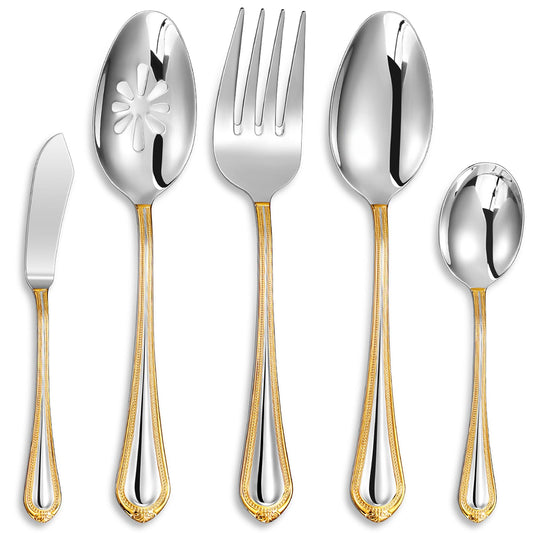 KEAWELL Pearl Edge Premium Hostess Serving Utensils Set, 18/10 Stainless Steel, 9" Fine Hostess Utensils with Refined Bead Design, Brightly Polished, Gold Accent, Dishwasher Safe (Hostess Serving Set)
