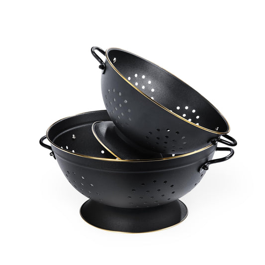 Metal Colander Set of 2, Strainer Basket with Handles perfect for Spaghetti, Pasta, Berry, Vegetable, Fruit, Solid Base Powder Coated Self-draining Kitchen Colander Bowel, 3.5 & 5 Qt, Matte Black