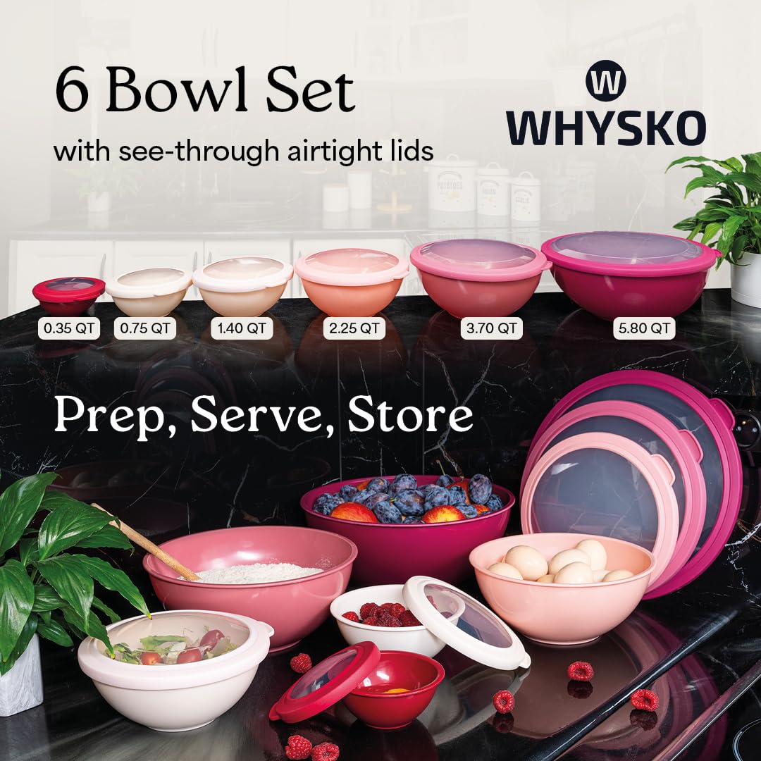 WHYSKO Mixing Bowl Set, 12 Piece Colorful Plastic Mixing Bowls with Lids Set for Food Prep Storage and Serving, Dishwasher Safe Microwave Safe for Kitchen Baking Cooking