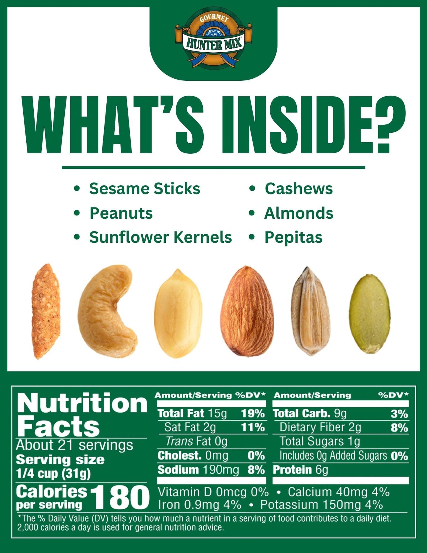 Southern Style Nuts Gourmet Hunter Mix, 23 Ounces, Sesame Sticks, Peanuts, Sunflower Kernels, Almonds, Cashews, and Pepitas