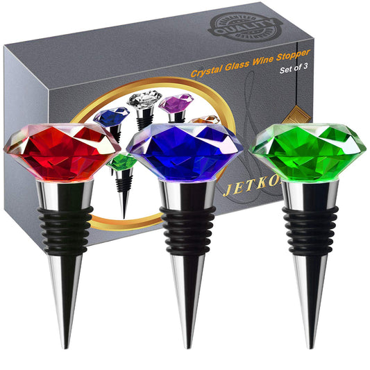 JETKONG 3 Pcs Wine Beverage Bottle Stoppers Reusable Diamond Plug Wine Corks Crystal Wine Stopper (Red Blue Green)