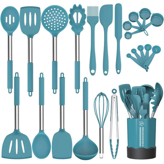 Blue 24-Piece Silicone Cooking Utensil Set, Fungun Non-stick Kitchen 24 Pcs Cookware, Heat Resistant , Silicone Kitchen Tools Gift with Stainless Steel Handle (Blue-24pcs）