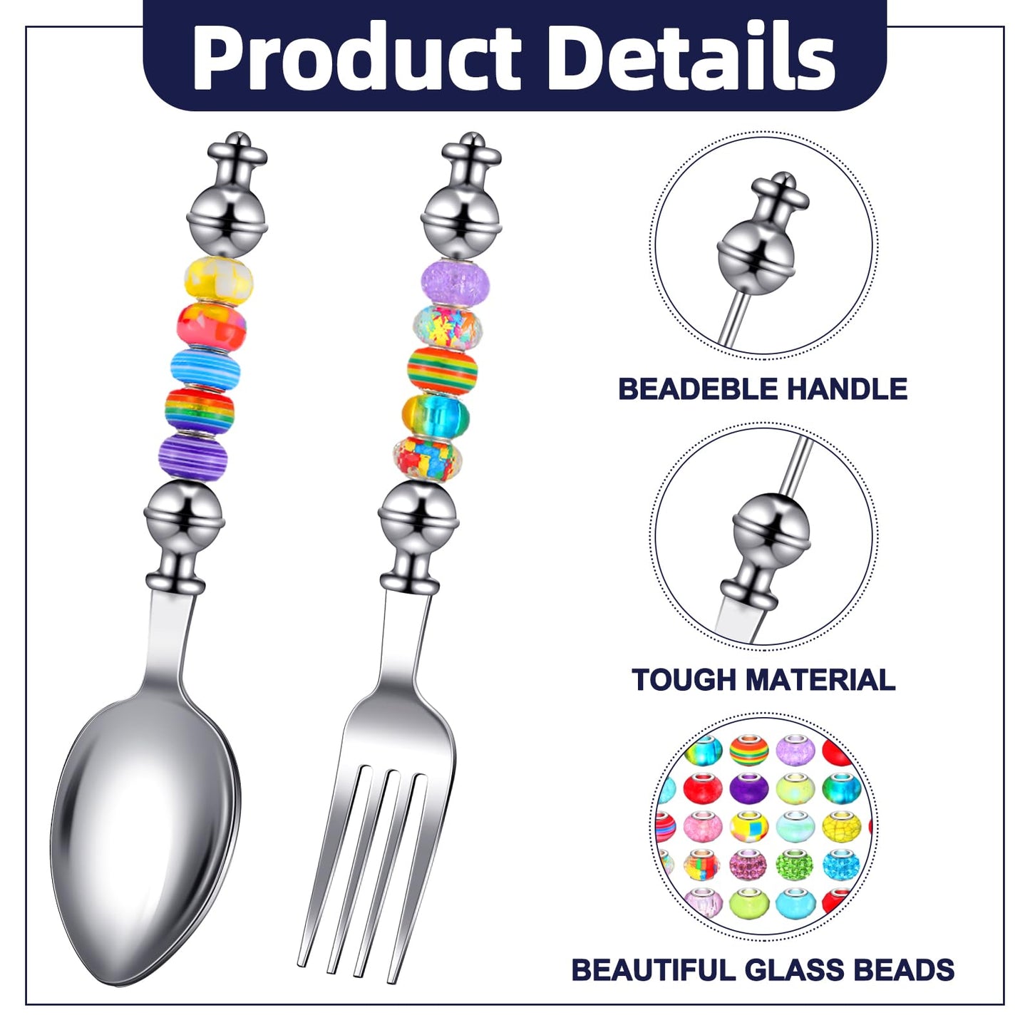 6-Piece Beadable Spoon Fork Set with 50 Assorted Large Hole Beads Stainless Steel Spoons and Forks, 3 Cute Spoons 3 Dinner Forks Bead Dessert Spoon for Party Favors DIY Project Bead Project