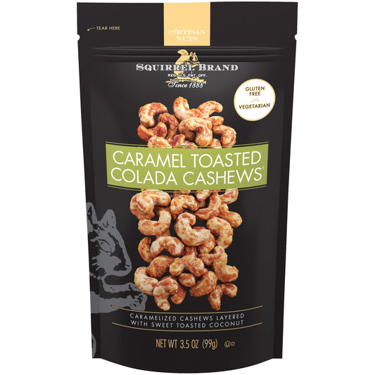 Squirrel Brand Caramel Toasted Colada Cashews 3.5 oz Resealable Bag with sweet toasted coconut, natural flavors
